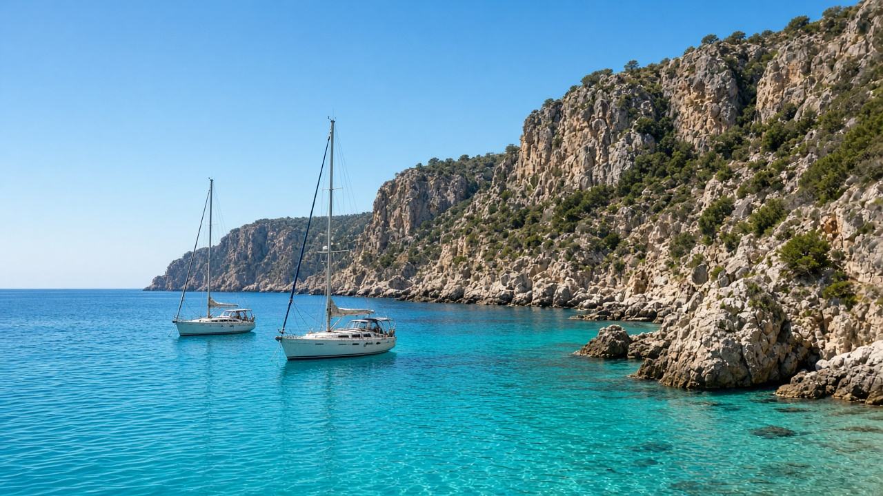 Two white sailboats anchored in a turquoise bay below rocky cliffs