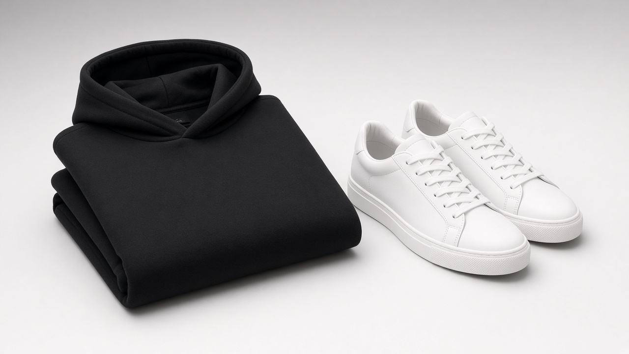 Folded black hoodie beside white leather sneakers