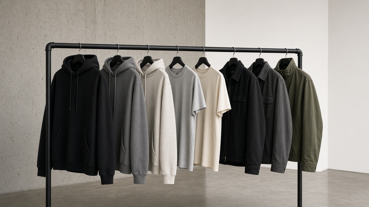 Neutral menswear hanging on a black rail in a minimal concrete studio