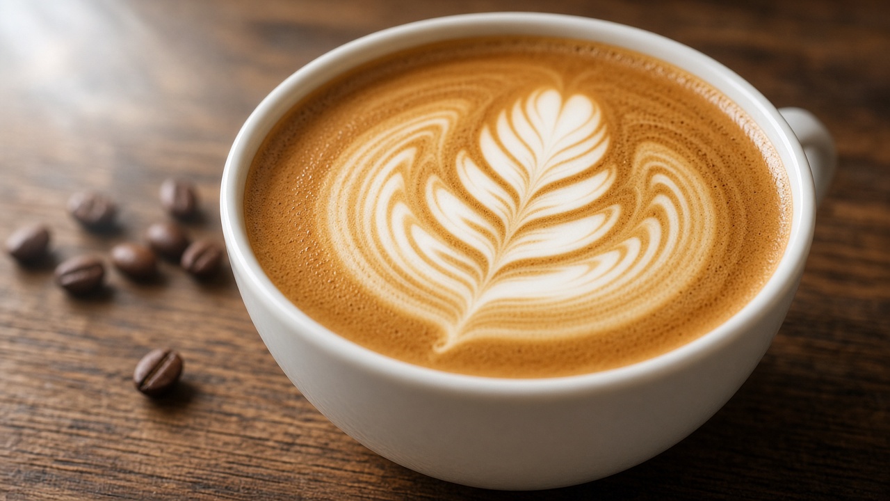 Latte with rosetta art in a white cup on a dark wooden table