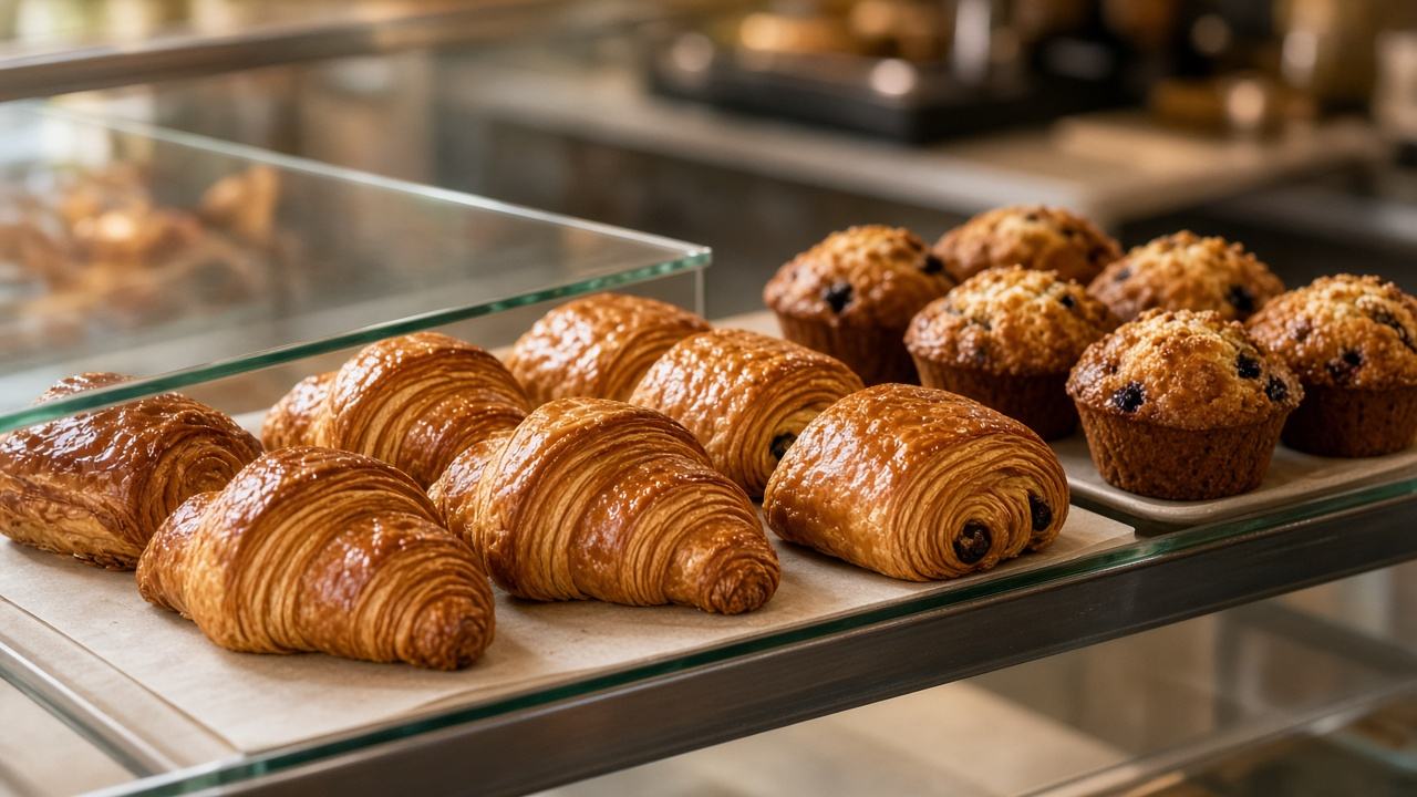 Golden croissants in pastry display