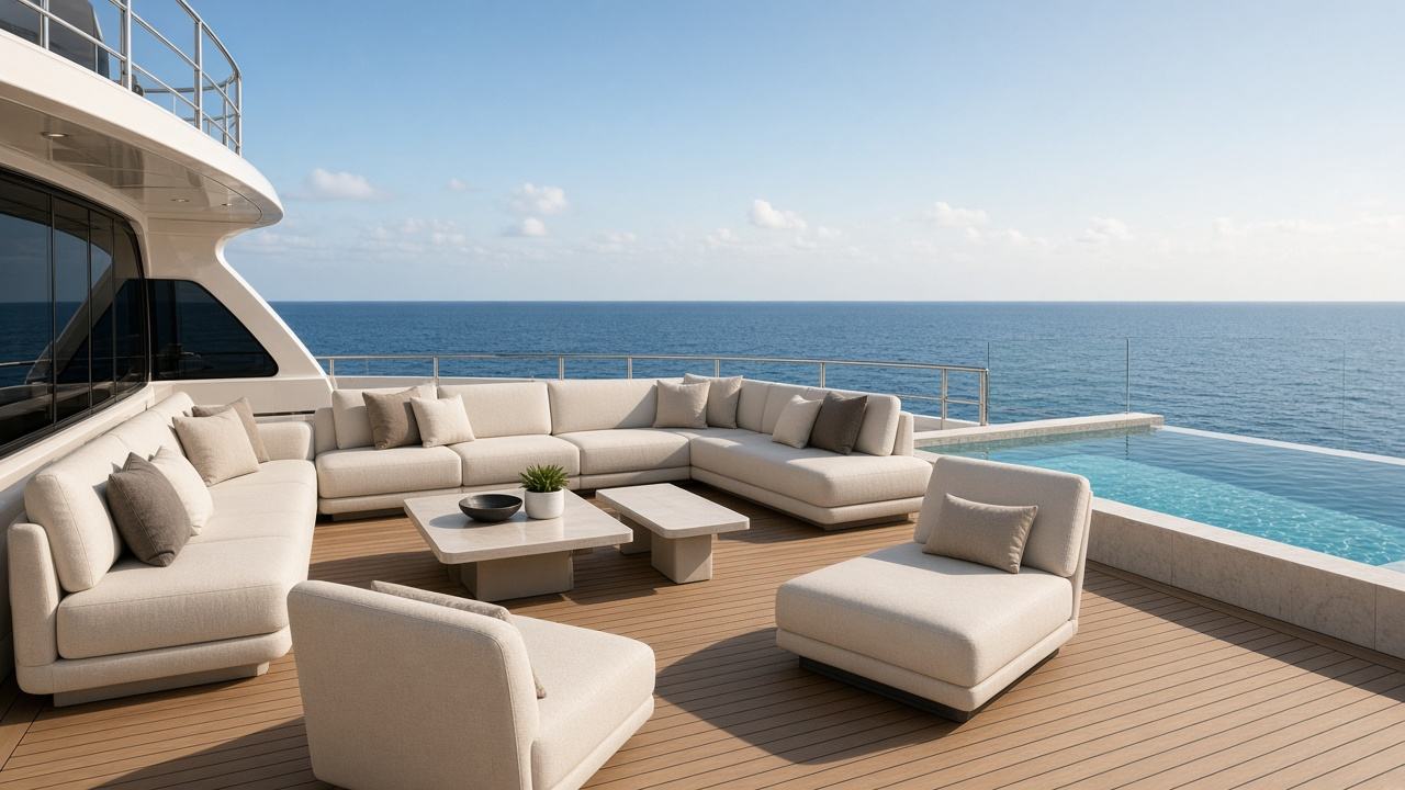 Yacht sun deck with sofa and plunge pool