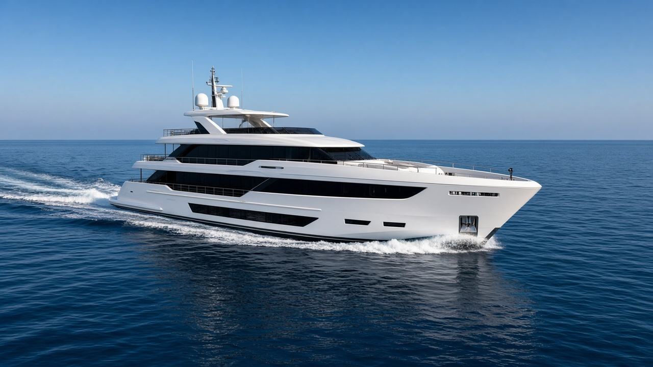 Modern white luxury motor yacht cruising on deep blue water